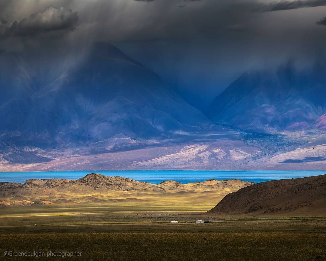 Beautiful mountain behind Nomadic family in Mongolia