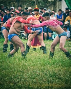 Mongolian wrestlers in Naadam festival