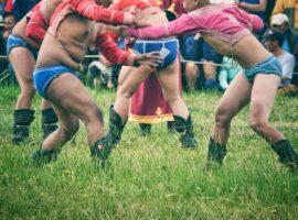 Mongolian wrestlers in Naadam festival