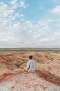 Traveler in Mongolian gobi