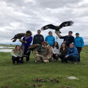 Kazakh eagle hunters with their eagle